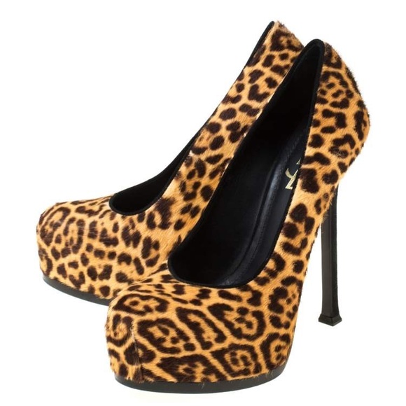 YSL Brown Leopard Print Calf Hair Tribtoo Platform Pumps Size 37 - Picture 3 of 6